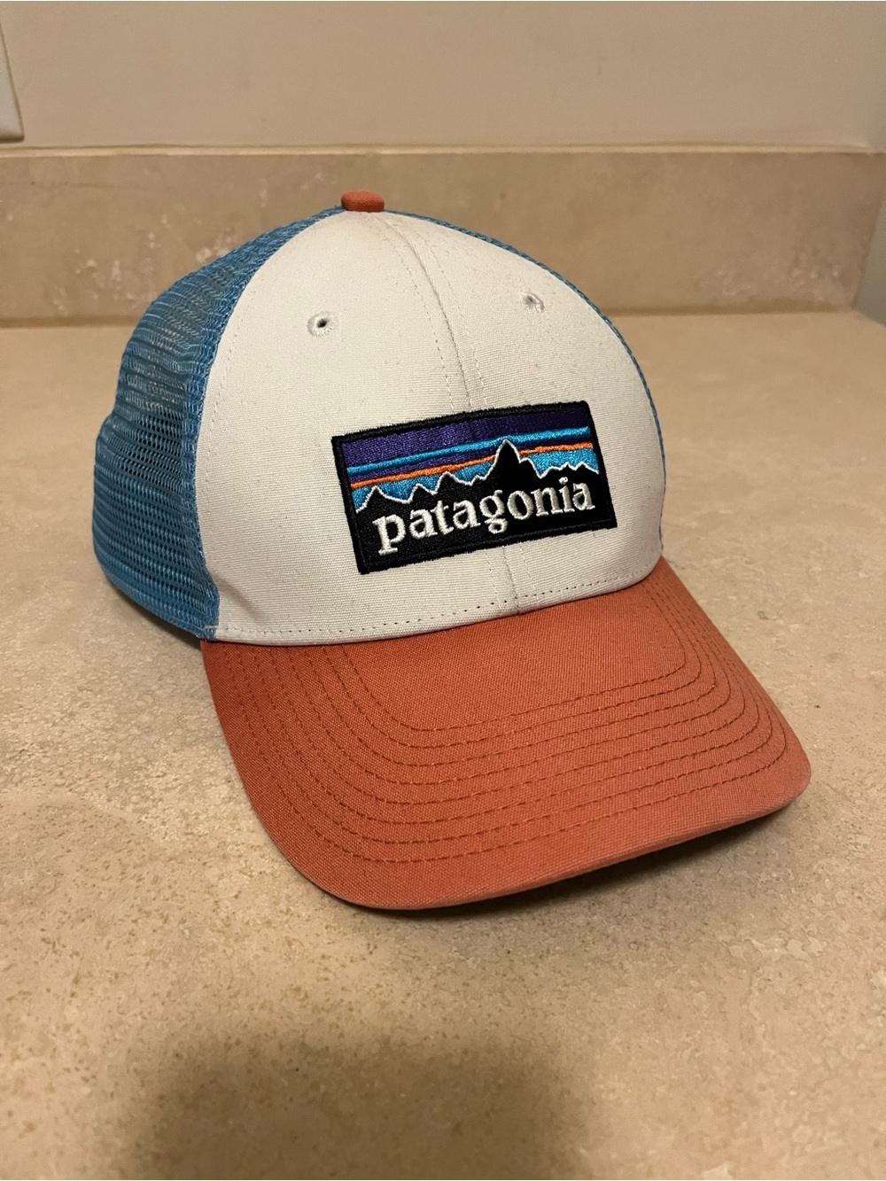 Patagonia Colorblock Trucker Hat in White, Blue & Rust